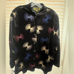Mirasol Black Velvet Like Long Sleeve Button Shirt Metallic Fan Designs